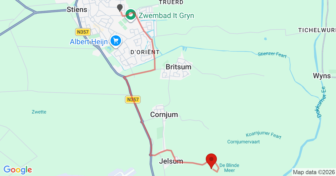 Kaart van het incident in Jelsum met de aanrijroutes van de gealarmeerde eenheden