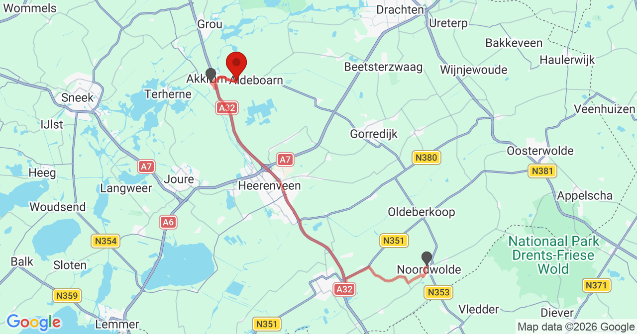 Kaart van het incident in Aldeboarn met de aanrijroutes van de gealarmeerde eenheden