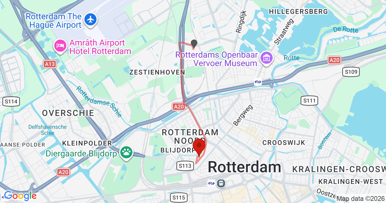 Kaart van het incident in Rotterdam met de aanrijroutes van de gealarmeerde eenheden