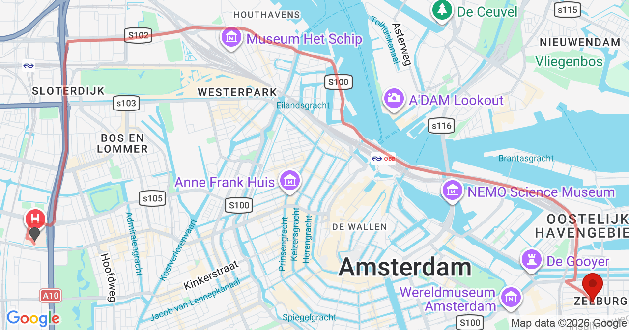 Kaart van het incident in Amsterdam met de aanrijroutes van de gealarmeerde eenheden