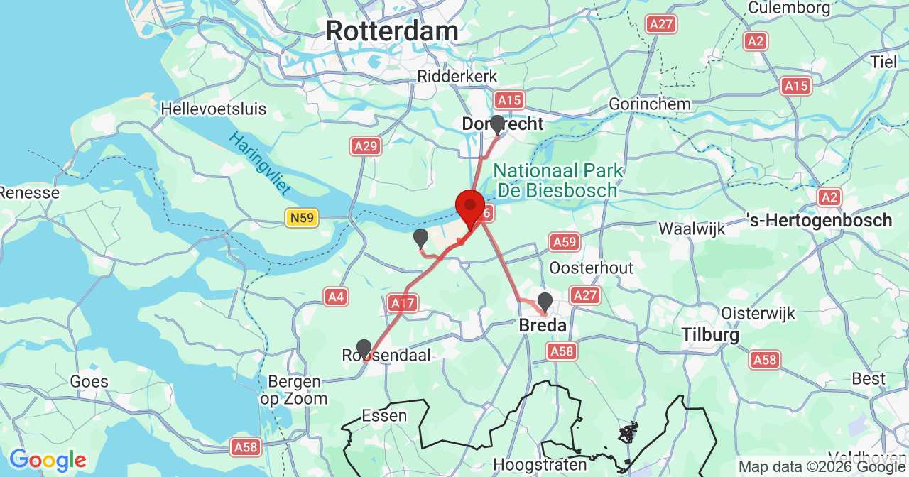 Kaart van het incident in Moerdijk met de aanrijroutes van de gealarmeerde eenheden