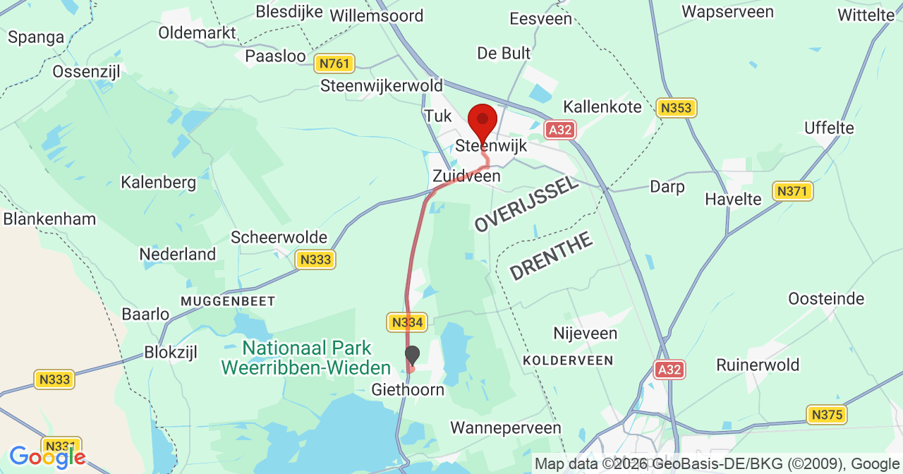 Kaart van het incident in Steenwijk met de aanrijroutes van de gealarmeerde eenheden
