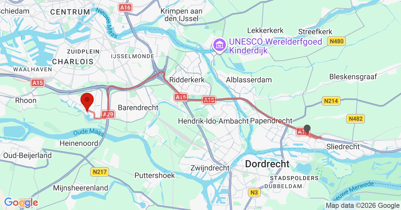 Kaart van het incident in Barendrecht met de aanrijroutes van de gealarmeerde eenheden