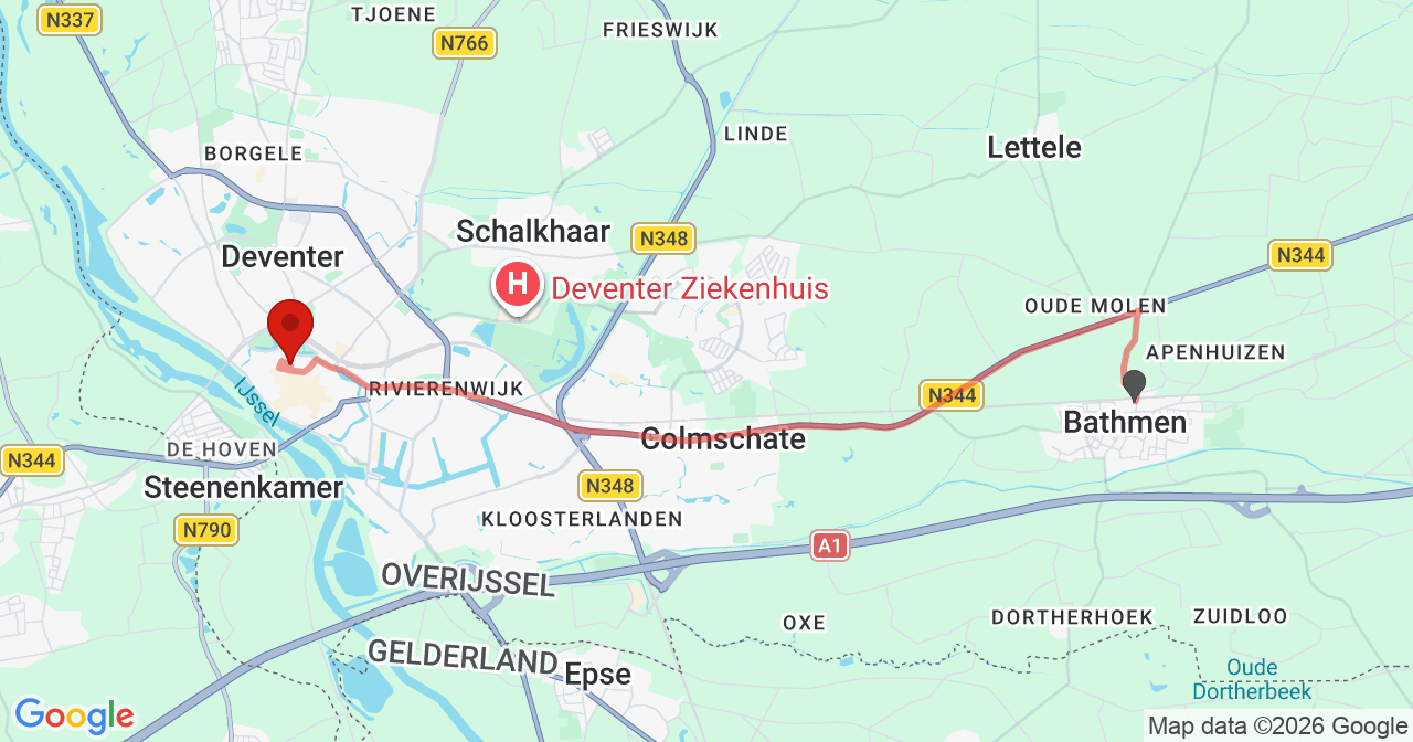 Kaart van het incident in Deventer met de aanrijroutes van de gealarmeerde eenheden