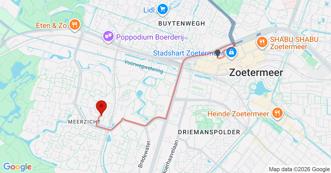 Kaart van het incident in Zoetermeer met de aanrijroutes van de gealarmeerde eenheden