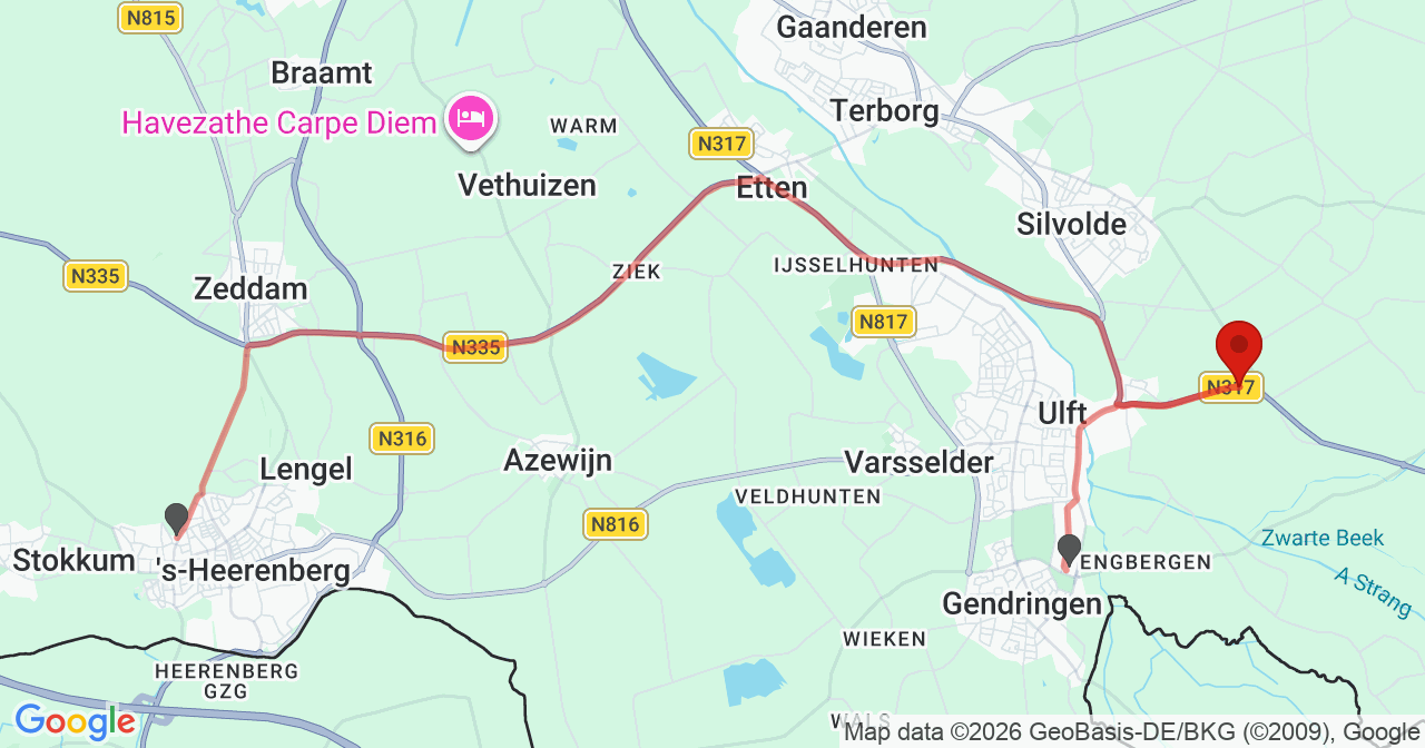 Kaart van het incident in Silvolde met de aanrijroutes van de gealarmeerde eenheden