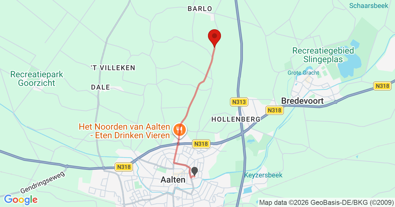 Kaart van het incident in Aalten met de aanrijroutes van de gealarmeerde eenheden