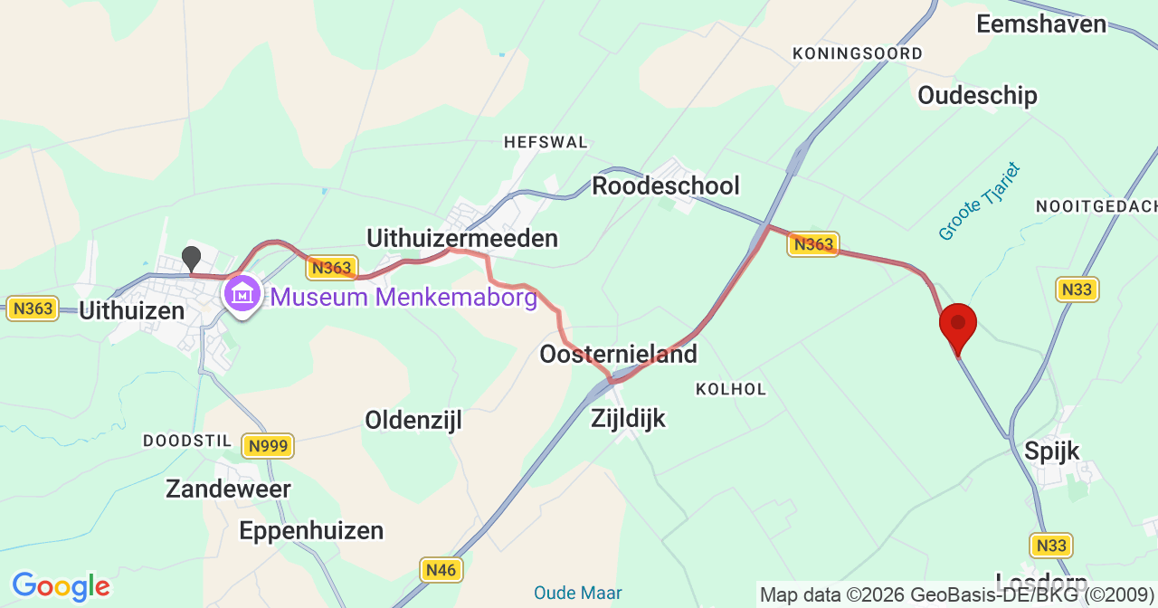 Kaart van het incident in Uithuizen met de aanrijroutes van de gealarmeerde eenheden