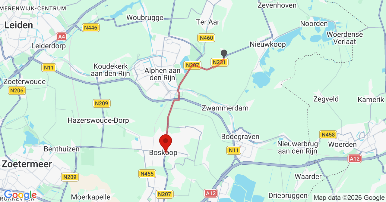 Kaart van het incident in Boskoop met de aanrijroutes van de gealarmeerde eenheden