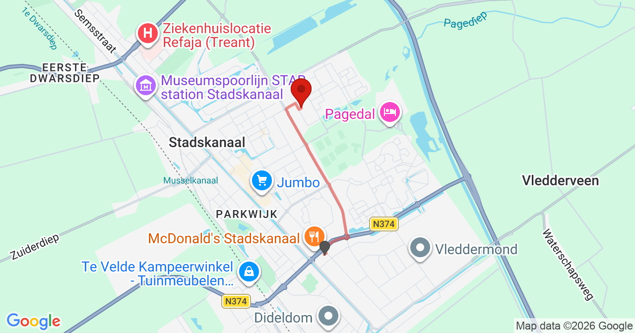 Kaart van het incident in Stadskanaal met de aanrijroutes van de gealarmeerde eenheden