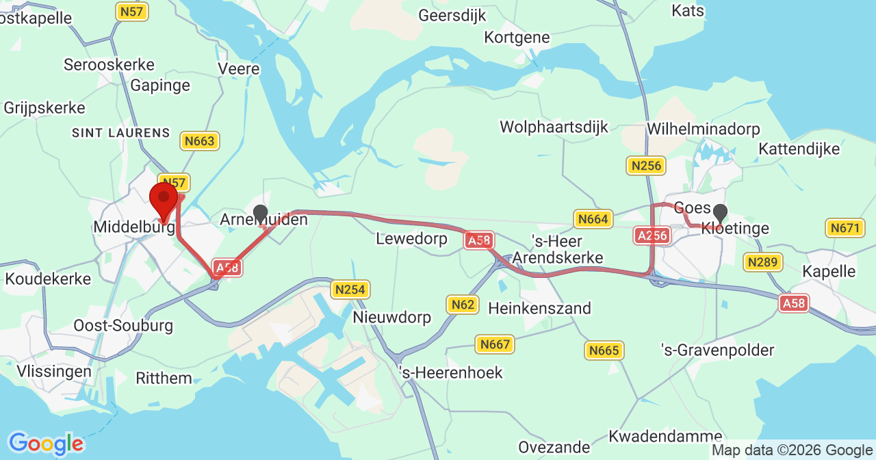 Kaart van het incident in Middelburg met de aanrijroutes van de gealarmeerde eenheden