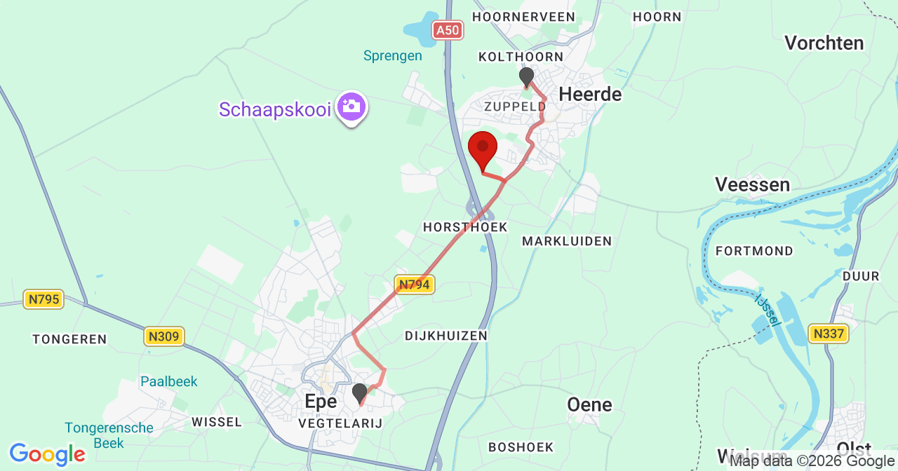 Kaart van het incident in Heerde met de aanrijroutes van de gealarmeerde eenheden