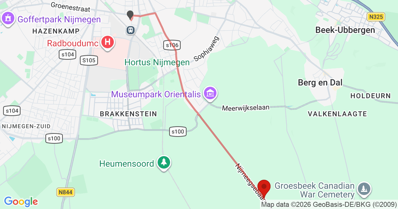 Kaart van het incident in Groesbeek met de aanrijroutes van de gealarmeerde eenheden