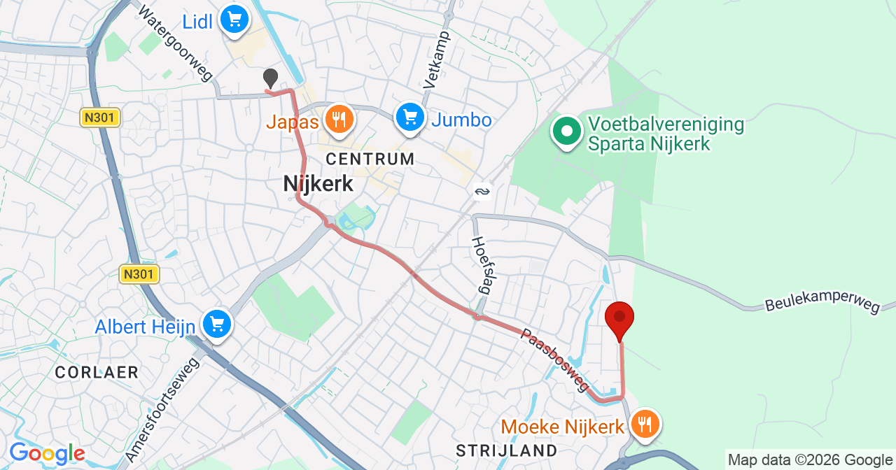 Kaart van het incident in Nijkerk met de aanrijroutes van de gealarmeerde eenheden