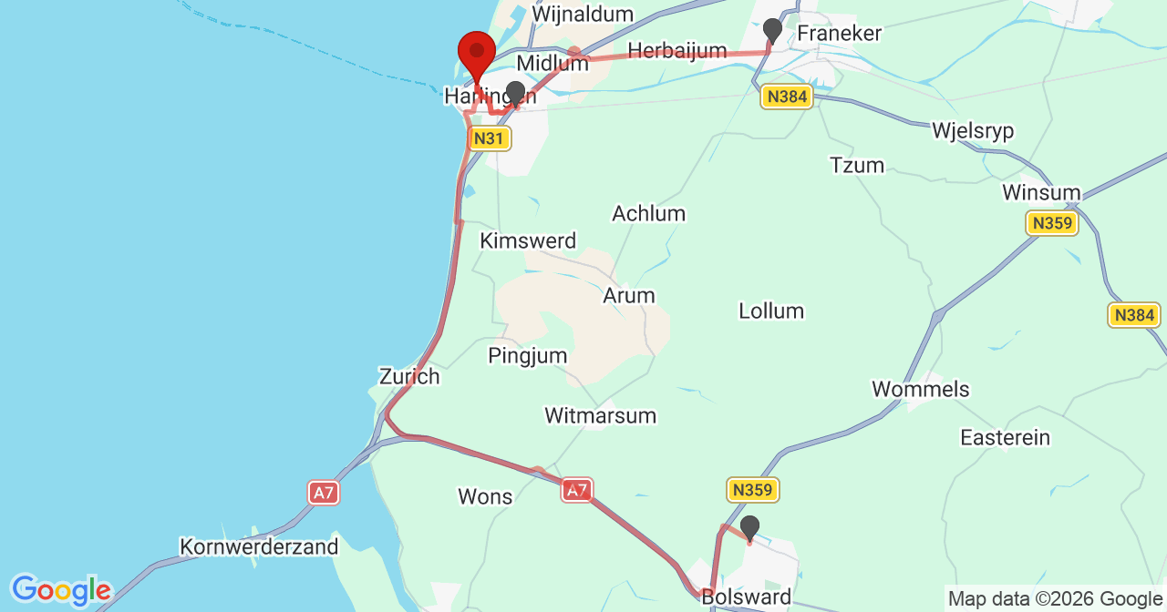 Kaart van het incident in Harlingen met de aanrijroutes van de gealarmeerde eenheden