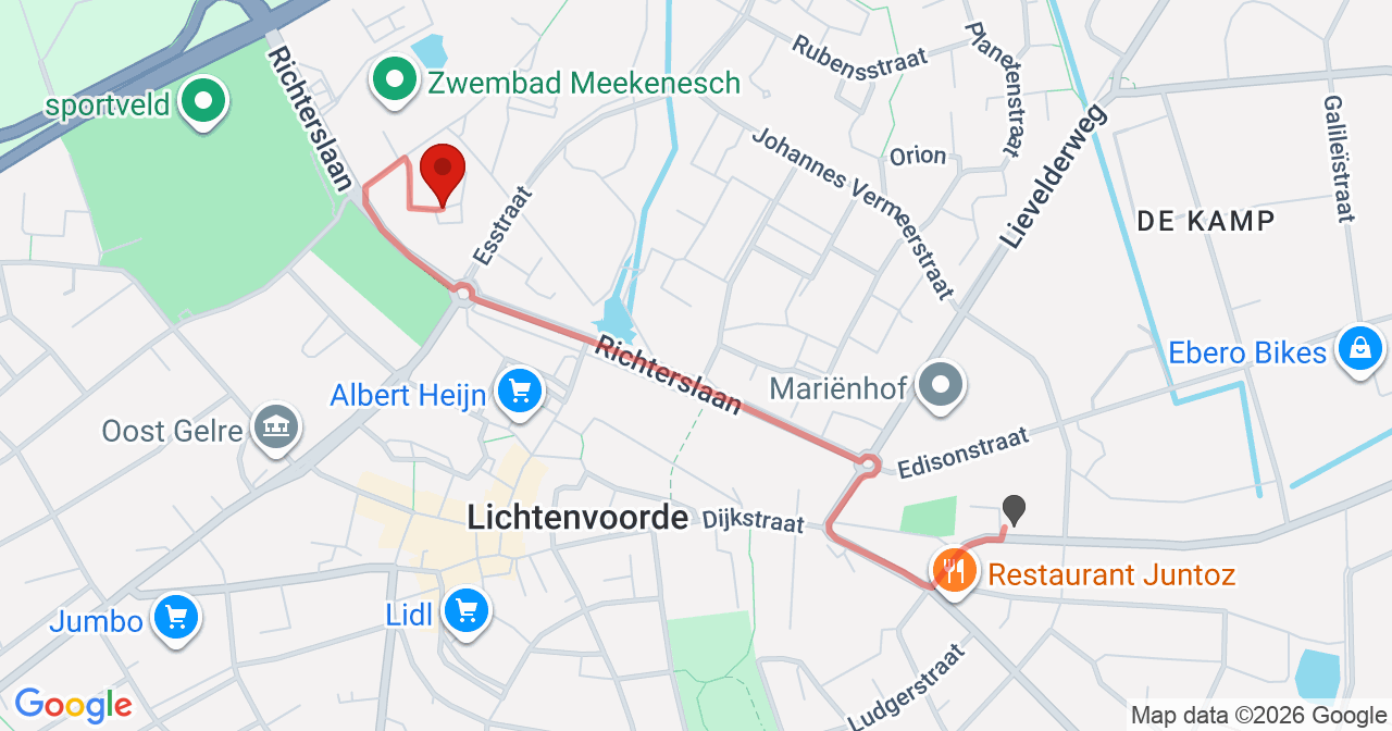 Kaart van het incident in Lichtenvoorde met de aanrijroutes van de gealarmeerde eenheden