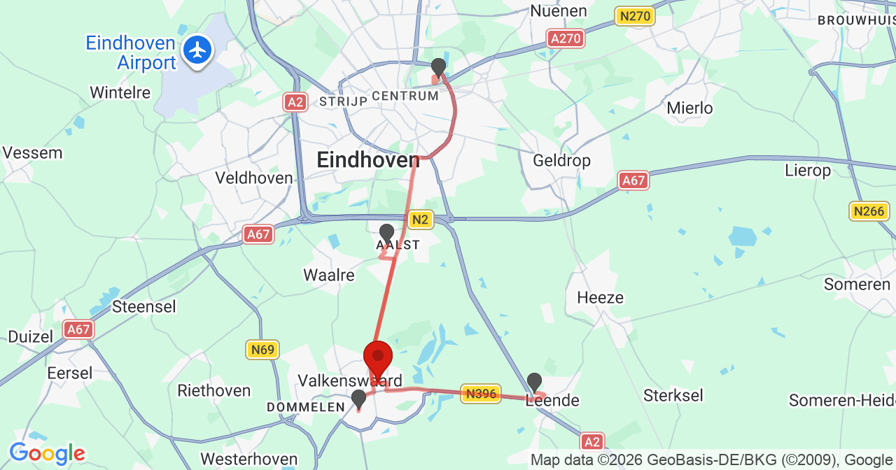 Kaart van het incident in Valkenswaard met de aanrijroutes van de gealarmeerde eenheden