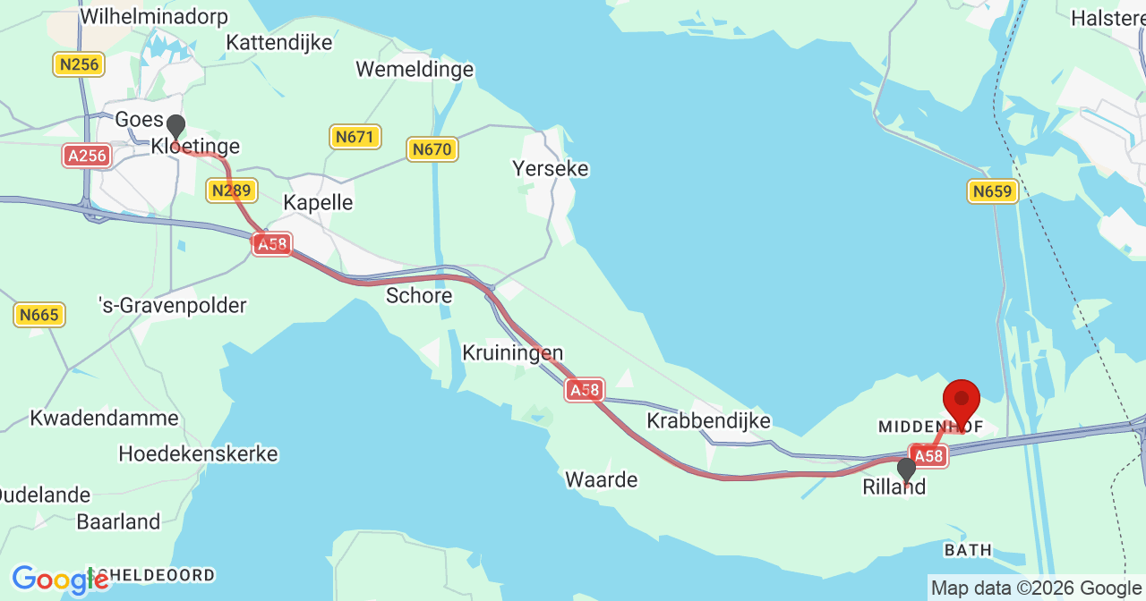 Kaart van het incident in Rilland met de aanrijroutes van de gealarmeerde eenheden