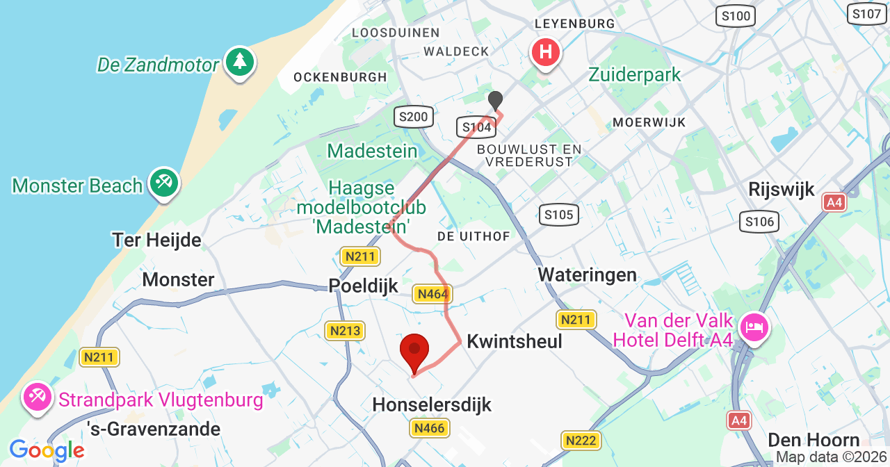 Kaart van het incident in Honselersdijk met de aanrijroutes van de gealarmeerde eenheden