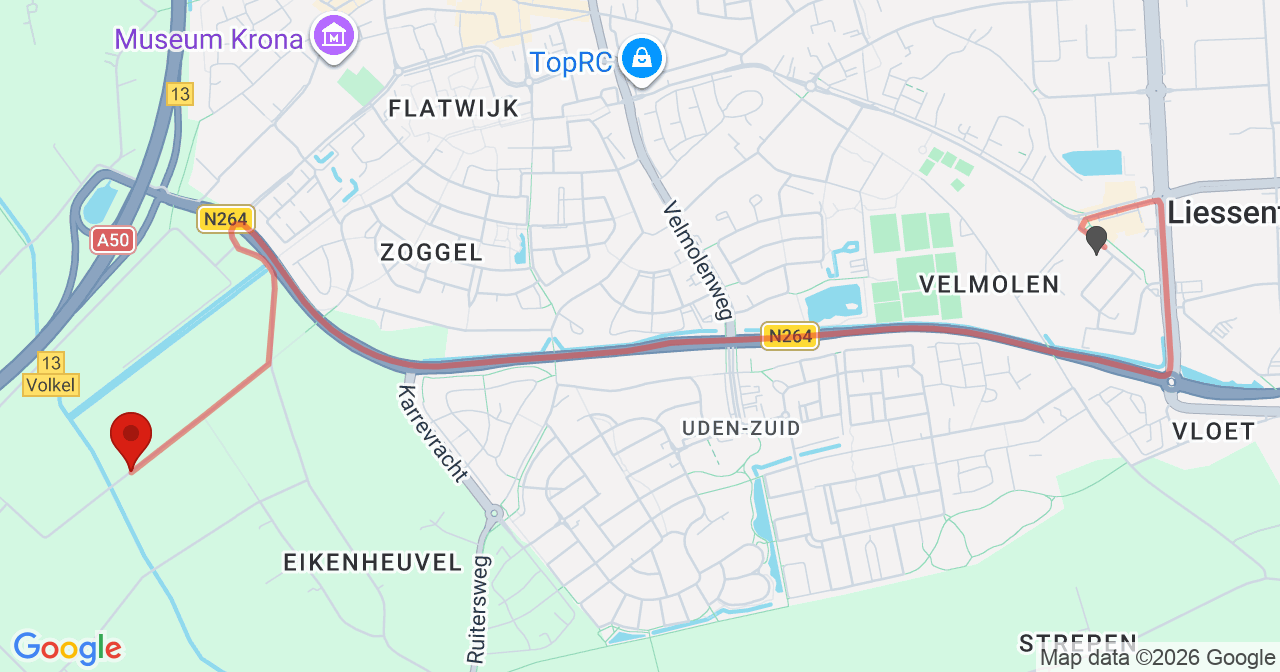 Kaart van het incident in Uden met de aanrijroutes van de gealarmeerde eenheden