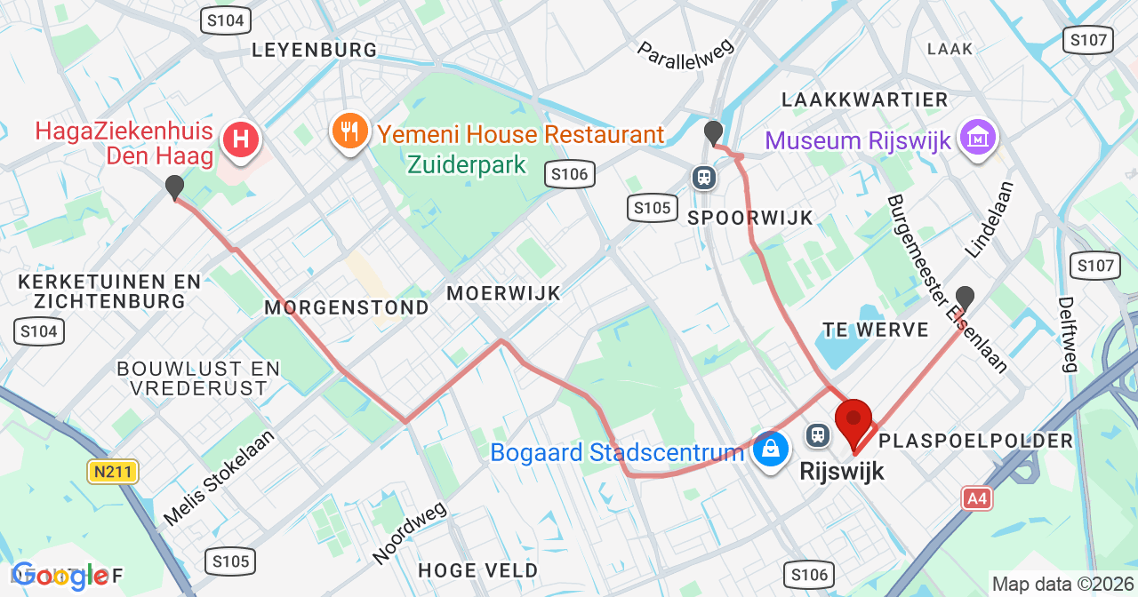Kaart van het incident in Rijswijk met de aanrijroutes van de gealarmeerde eenheden