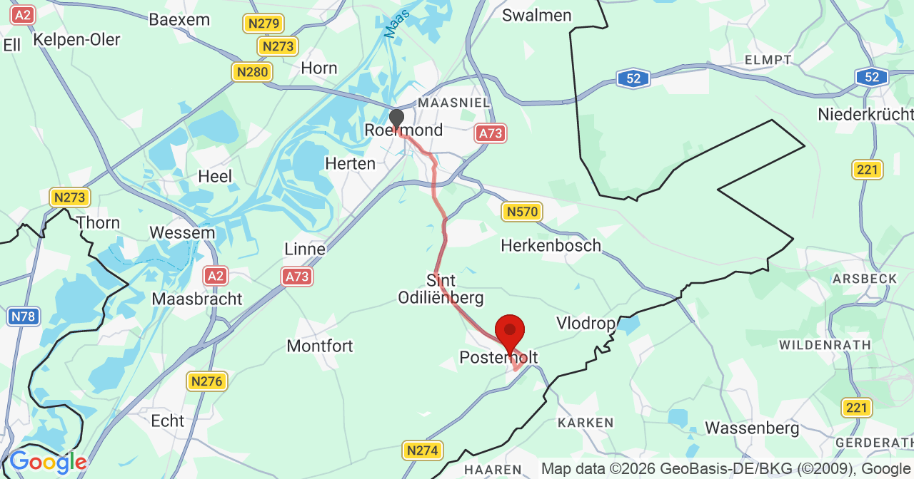 Kaart van het incident in Posterholt met de aanrijroutes van de gealarmeerde eenheden