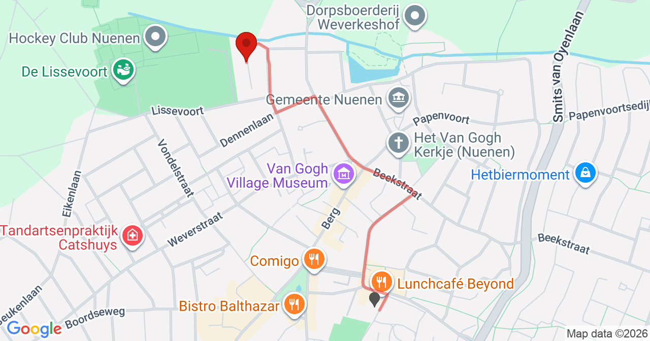 Kaart van het incident in Nuenen met de aanrijroutes van de gealarmeerde eenheden