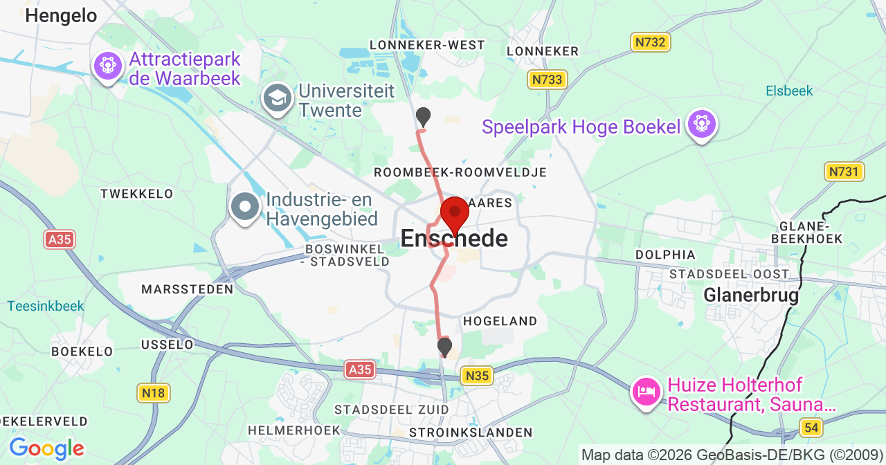 Kaart van het incident in Enschede met de aanrijroutes van de gealarmeerde eenheden