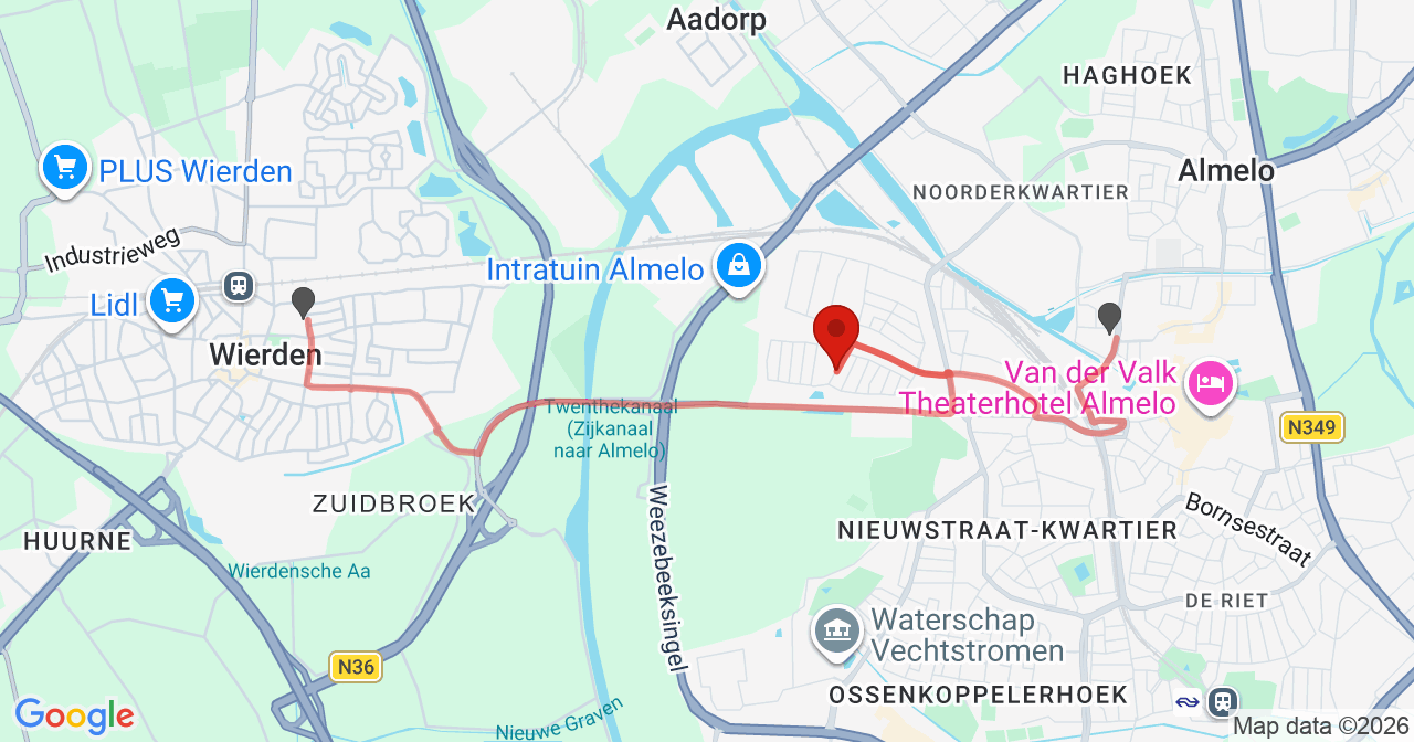 Kaart van het incident in Almelo met de aanrijroutes van de gealarmeerde eenheden