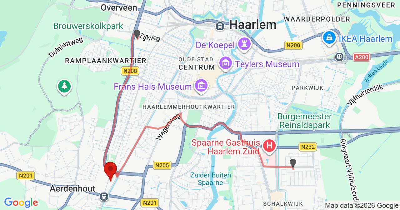 Kaart van het incident in Heemstede met de aanrijroutes van de gealarmeerde eenheden