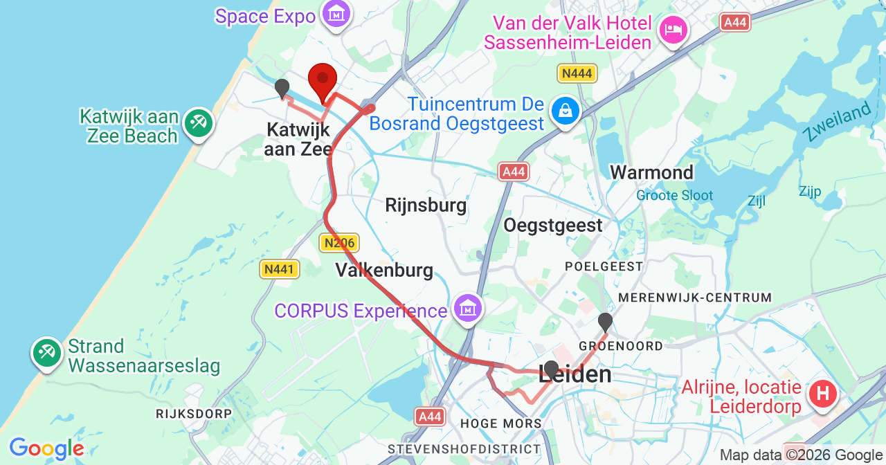 Kaart van het incident in Katwijk met de aanrijroutes van de gealarmeerde eenheden