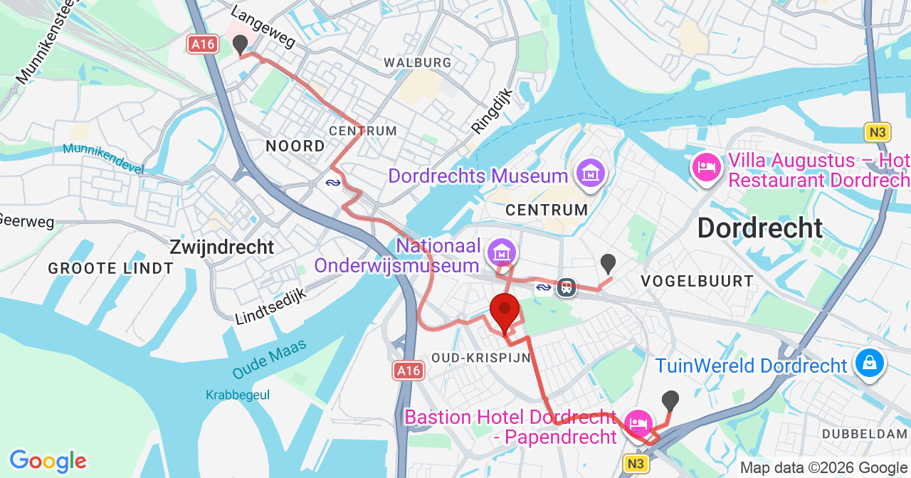 Kaart van het incident in Dordrecht met de aanrijroutes van de gealarmeerde eenheden