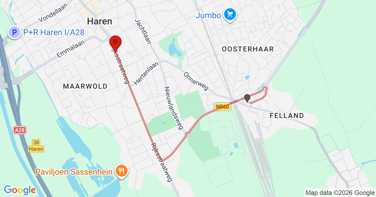 Kaart van het incident in Haren Gn met de aanrijroutes van de gealarmeerde eenheden