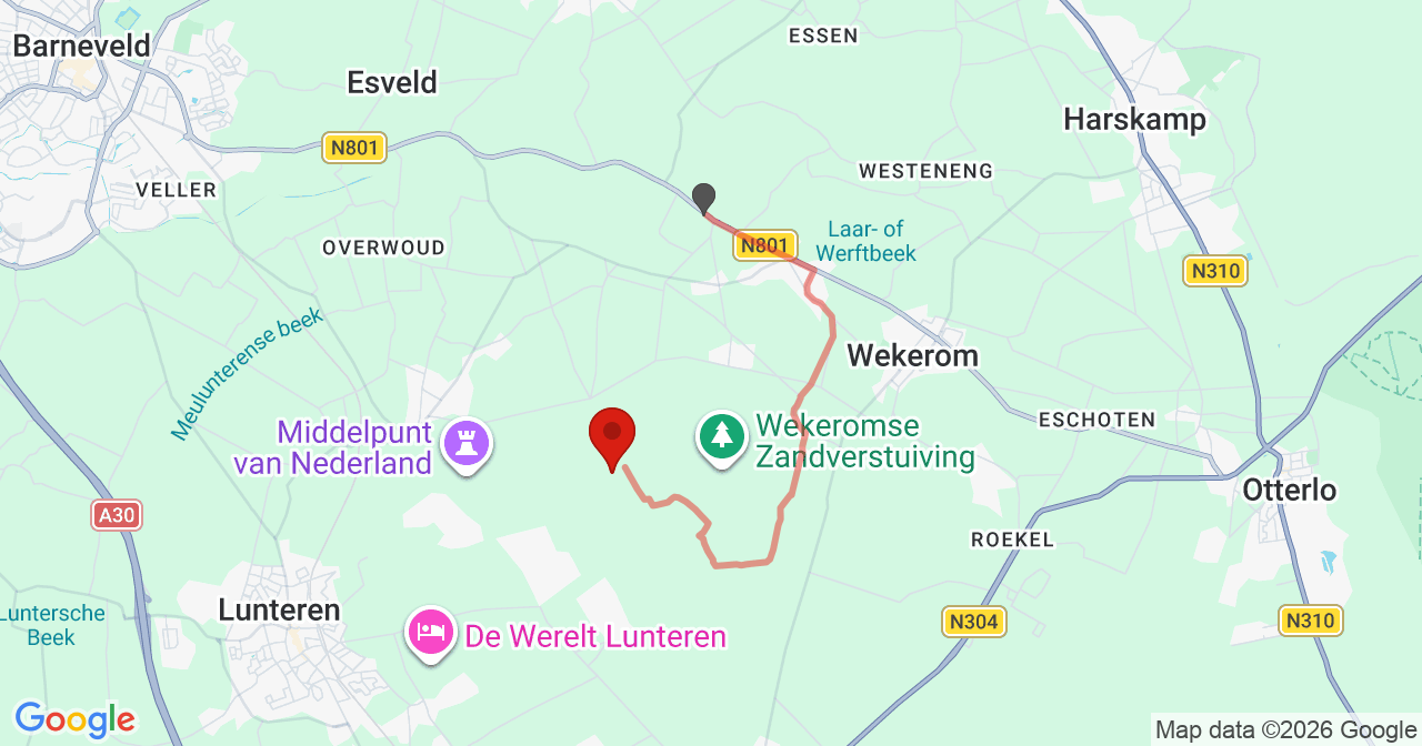 Kaart van het incident in Wekerom met de aanrijroutes van de gealarmeerde eenheden