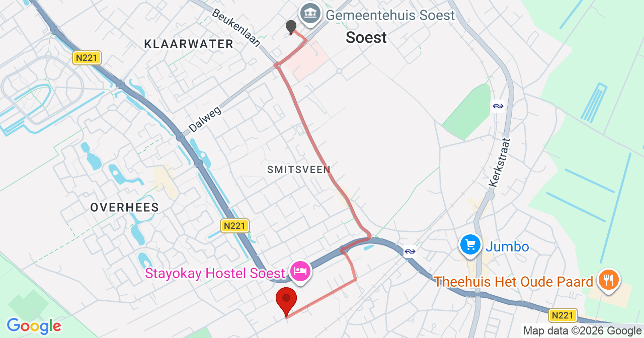 Kaart van het incident in Soest met de aanrijroutes van de gealarmeerde eenheden