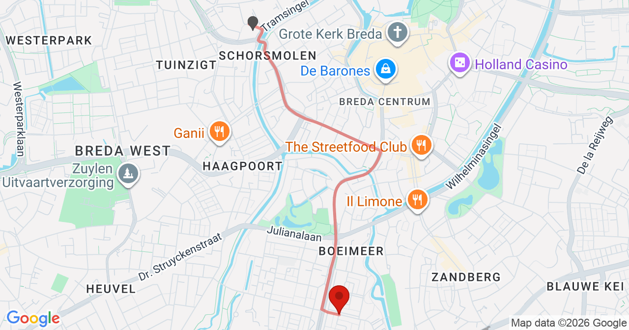 Kaart van het incident in Breda met de aanrijroutes van de gealarmeerde eenheden