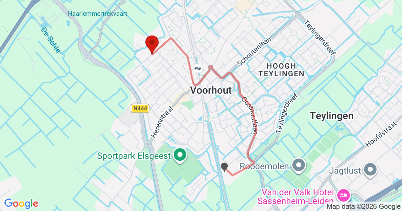 Kaart van het incident in Voorhout met de aanrijroutes van de gealarmeerde eenheden