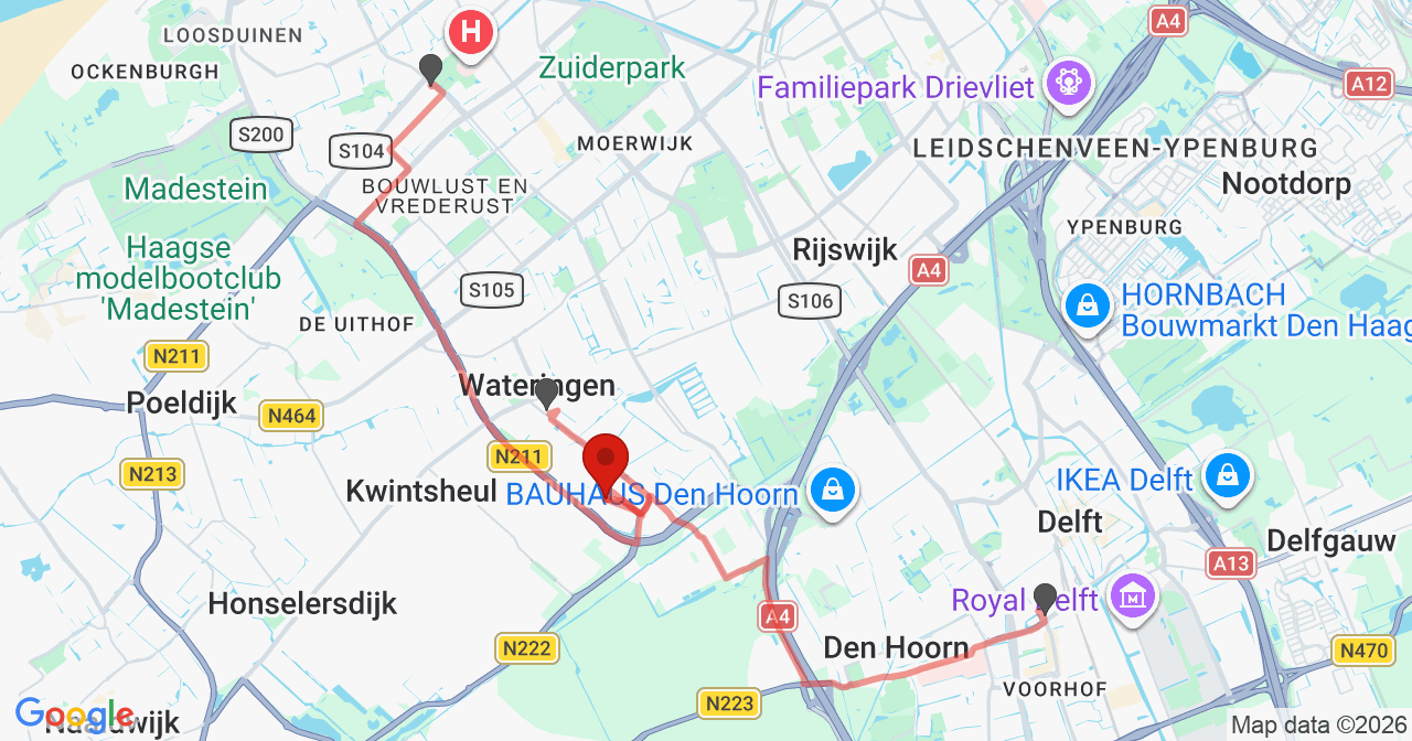 Kaart van het incident in Wateringen met de aanrijroutes van de gealarmeerde eenheden