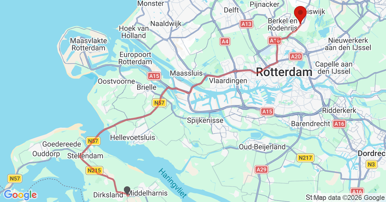 Kaart van het incident in Bergschenhoek met de aanrijroutes van de gealarmeerde eenheden