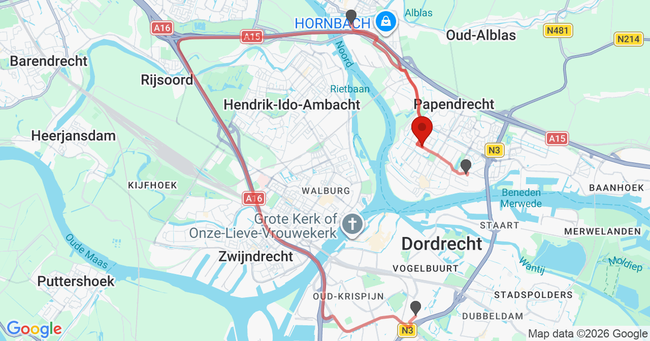 Kaart van het incident in Papendrecht met de aanrijroutes van de gealarmeerde eenheden