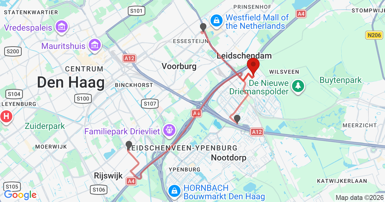 Kaart van het incident in 's-Gravenhage met de aanrijroutes van de gealarmeerde eenheden