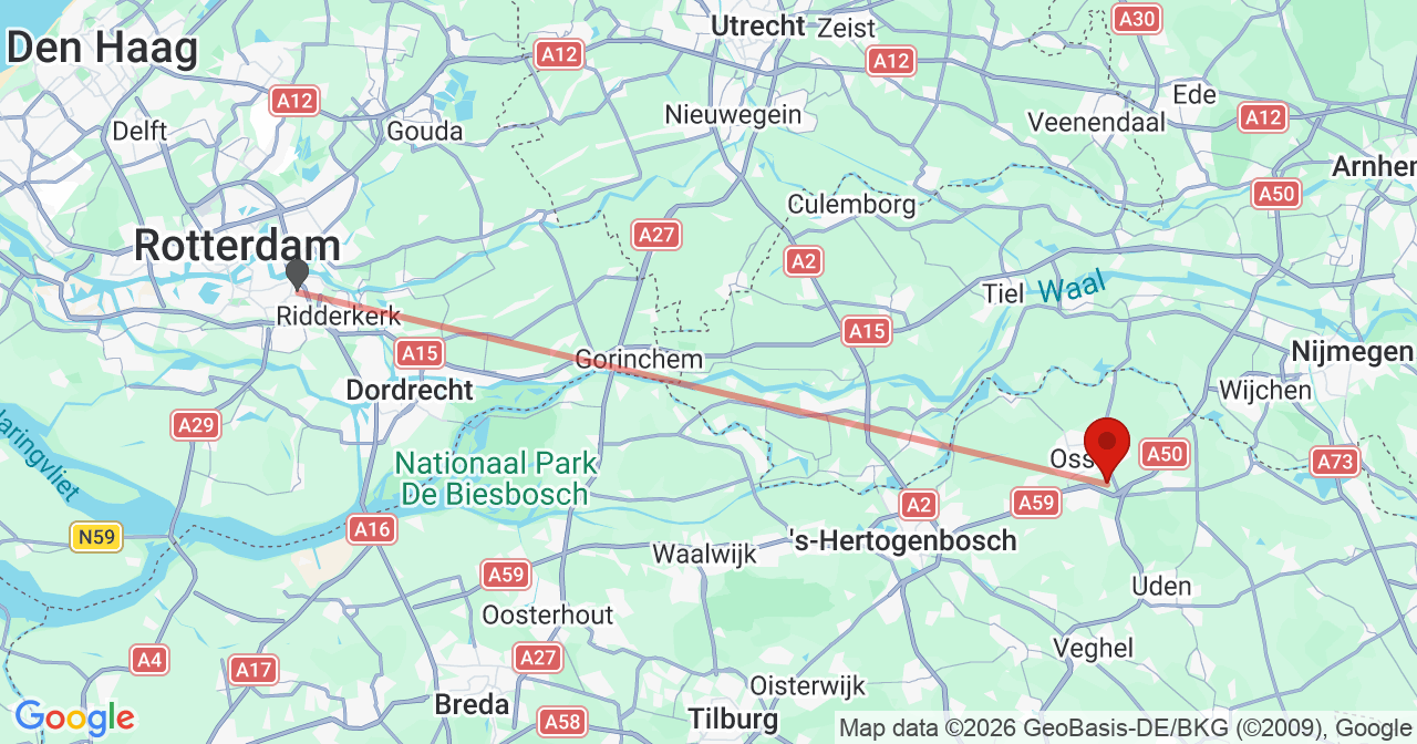 Kaart van het incident in Oss met de aanrijroutes van de gealarmeerde eenheden