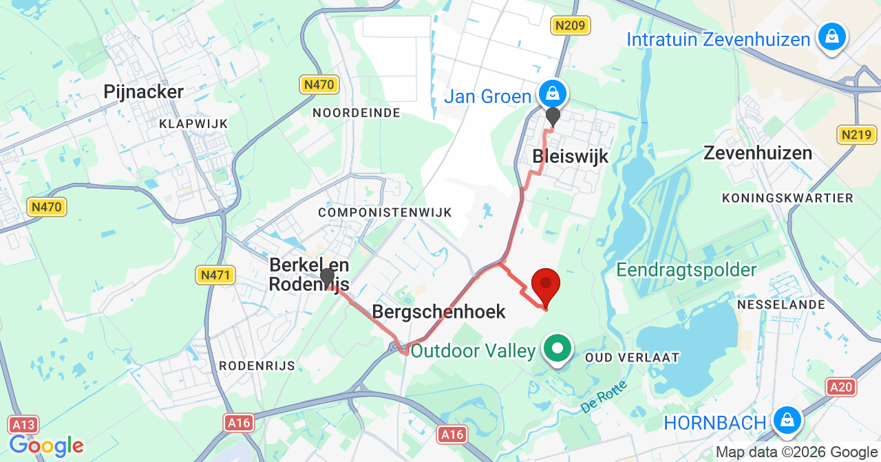 Kaart van het incident in Bergschenhoek met de aanrijroutes van de gealarmeerde eenheden