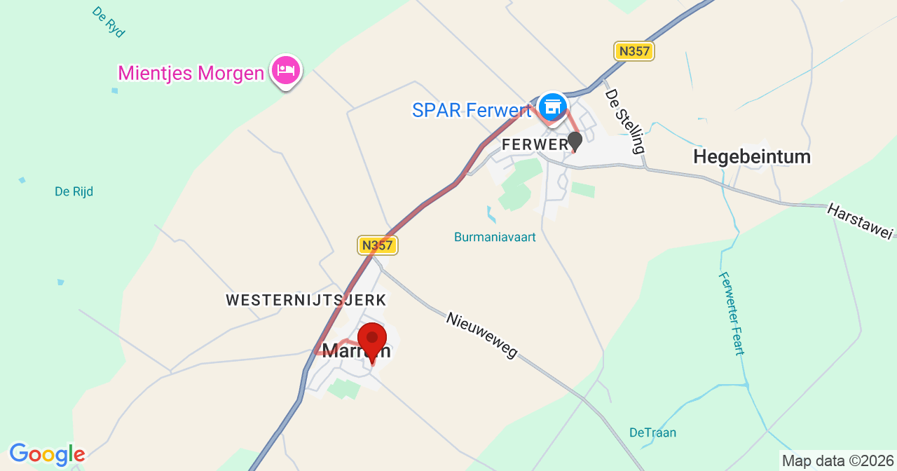 Kaart van het incident in Marrum met de aanrijroutes van de gealarmeerde eenheden