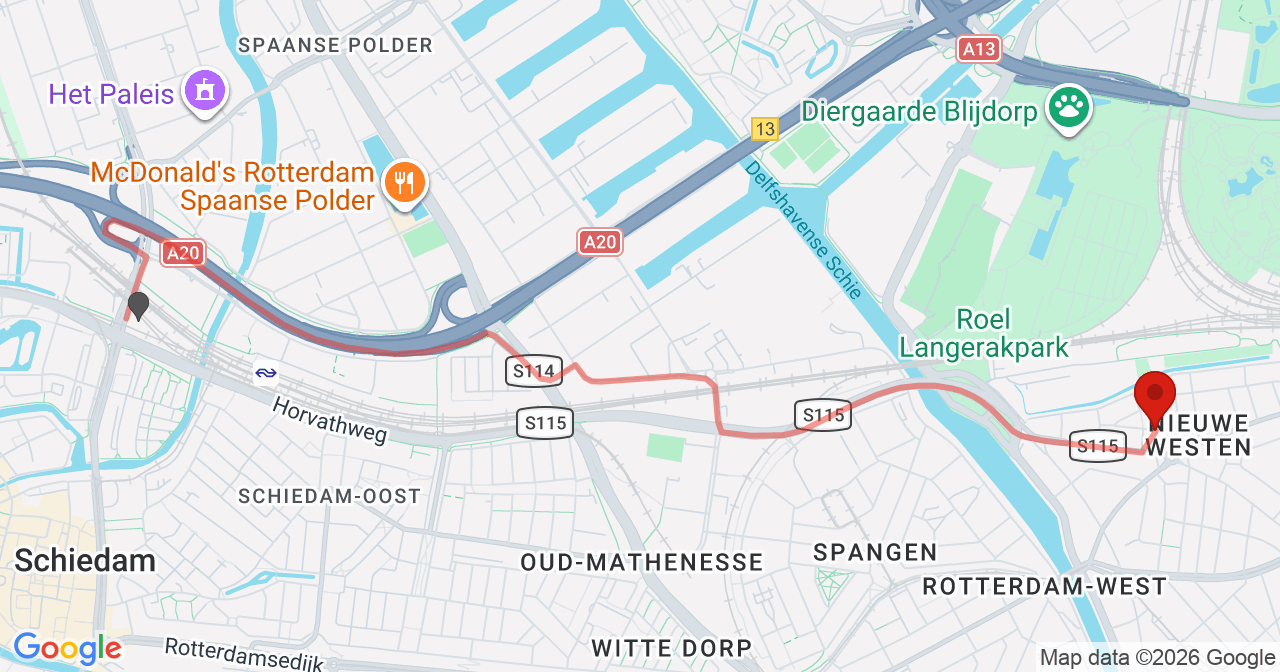 Kaart van het incident in Rotterdam met de aanrijroutes van de gealarmeerde eenheden