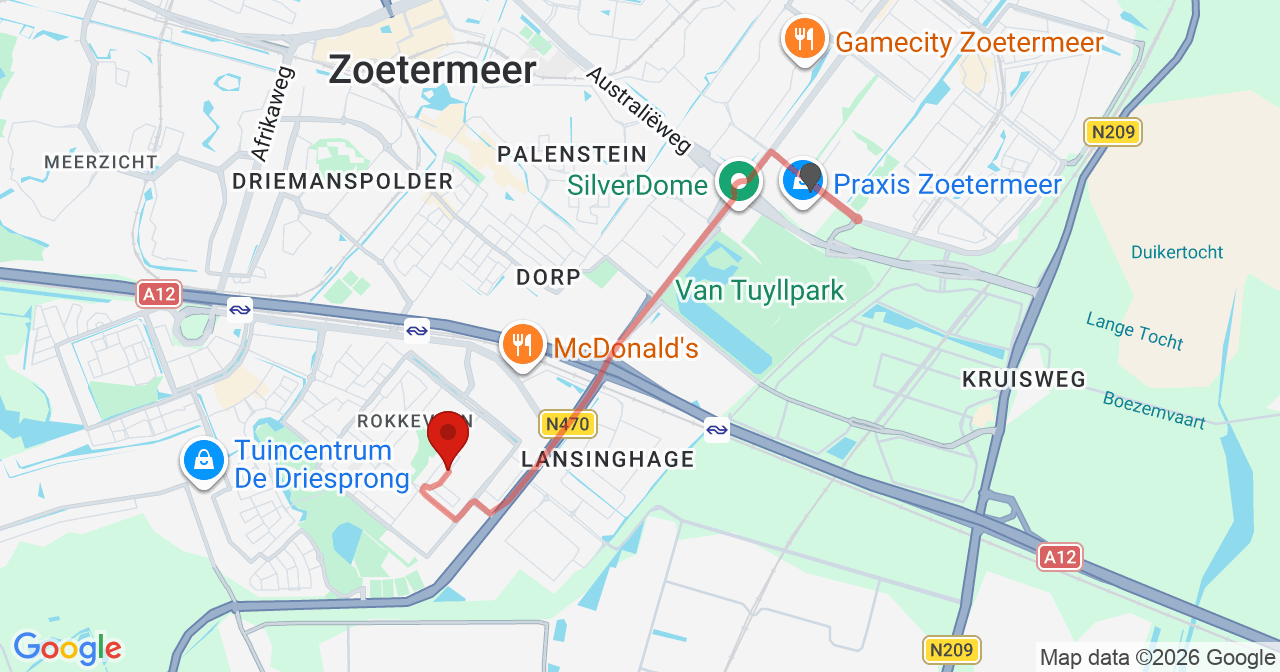 Kaart van het incident in Zoetermeer met de aanrijroutes van de gealarmeerde eenheden
