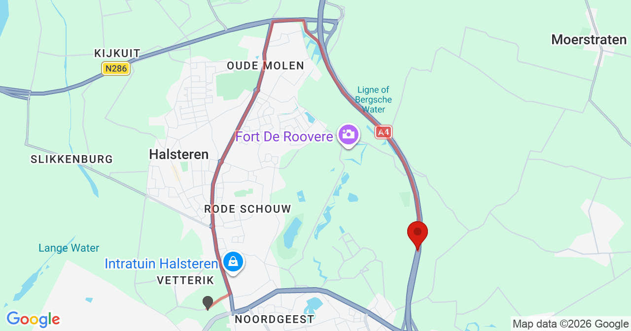 Kaart van het incident in Halsteren met de aanrijroutes van de gealarmeerde eenheden