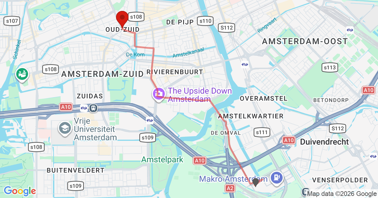 Kaart van het incident in Amsterdam met de aanrijroutes van de gealarmeerde eenheden