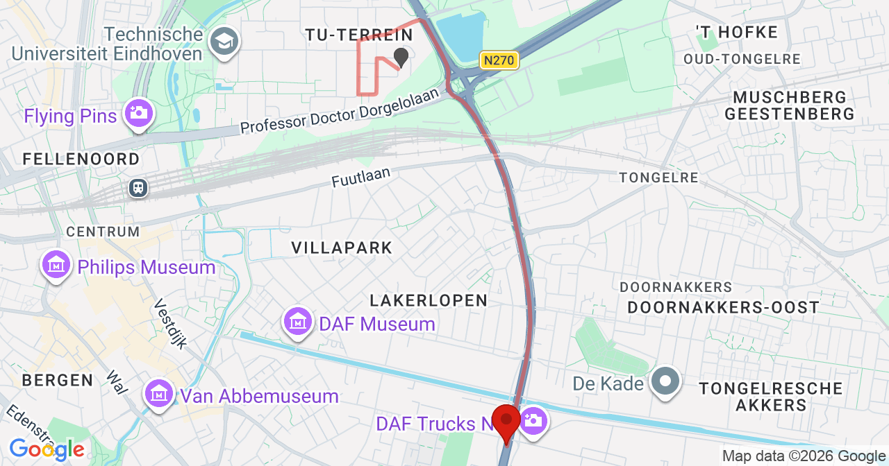 Kaart van het incident in Eindhoven met de aanrijroutes van de gealarmeerde eenheden