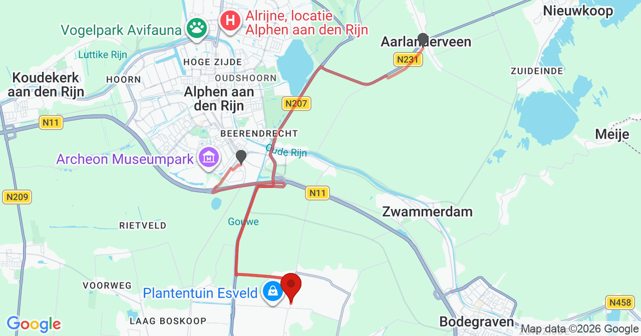 Kaart van het incident in Boskoop met de aanrijroutes van de gealarmeerde eenheden